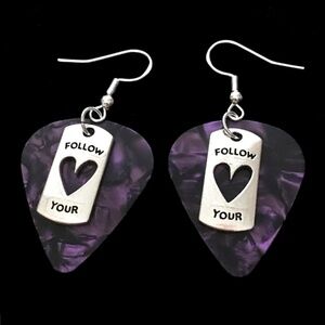 HAND Crafted Earrings Repurposed Guitar Picks Follow Your Heart Amethyst